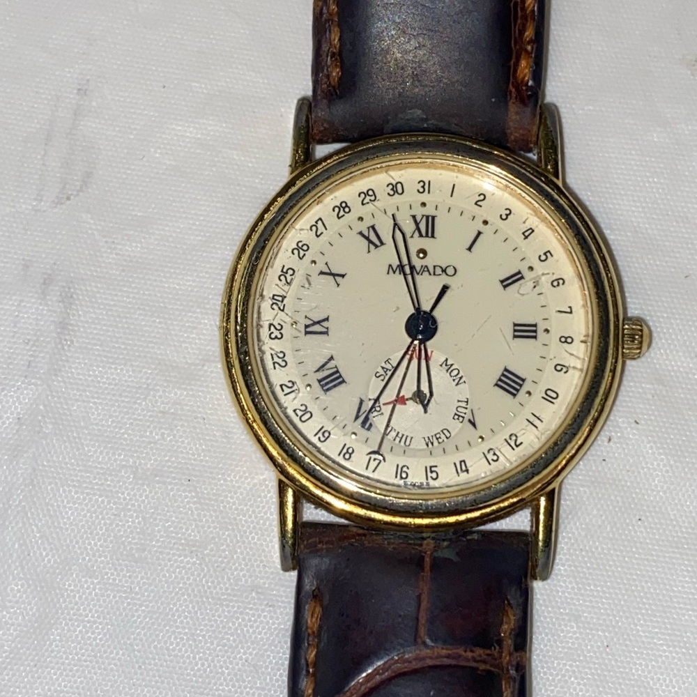 Movado Gold Watch vintage with Dark Brown Leather Strap